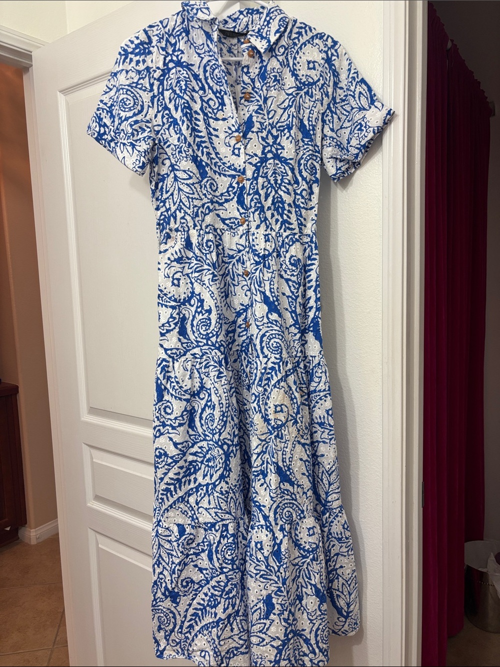 Zara Blue and White Paisley Maxi Shirt Dress